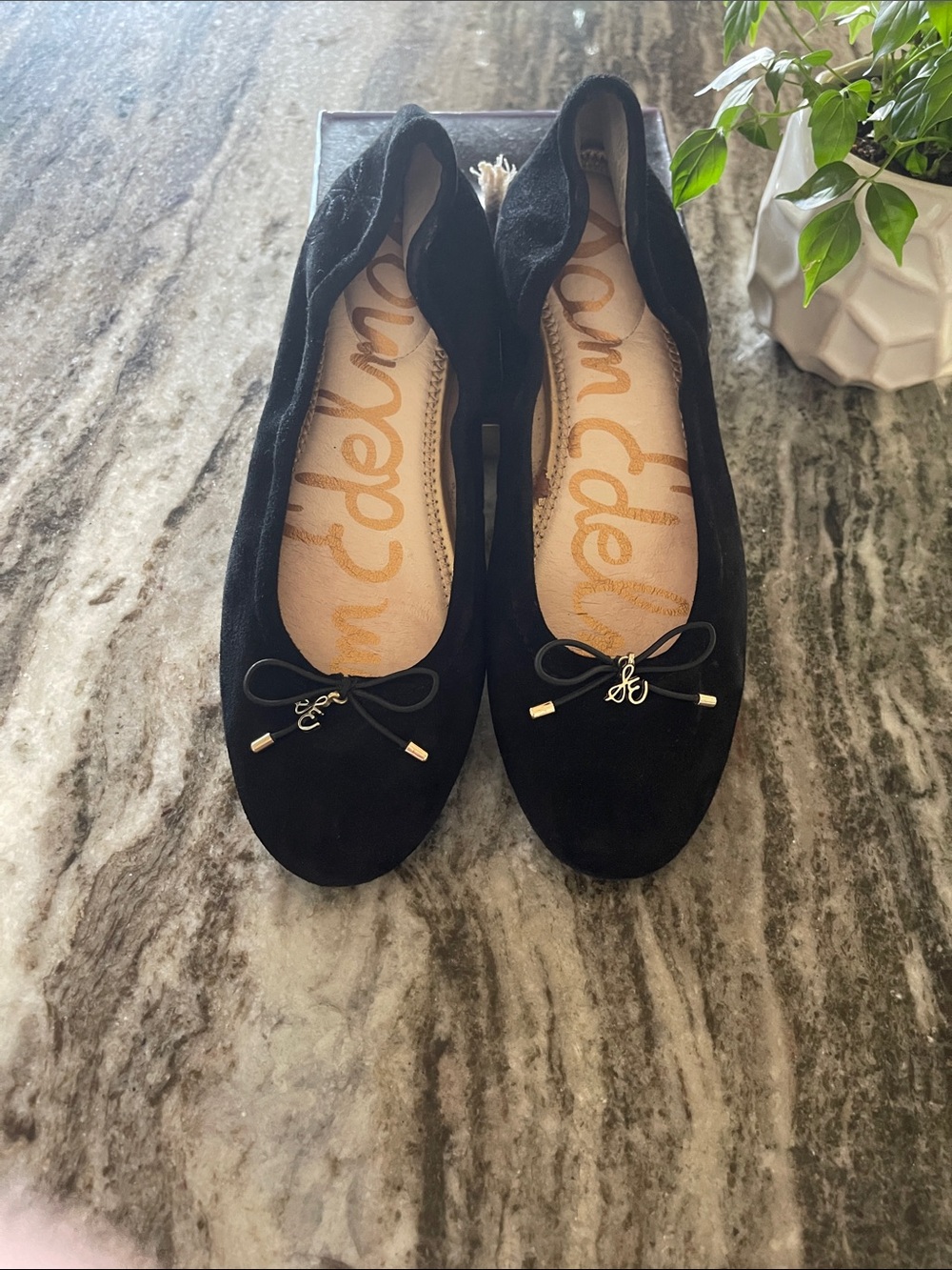 Sam Edelman Black Suede Bow Ballet Flats with Gold Charm